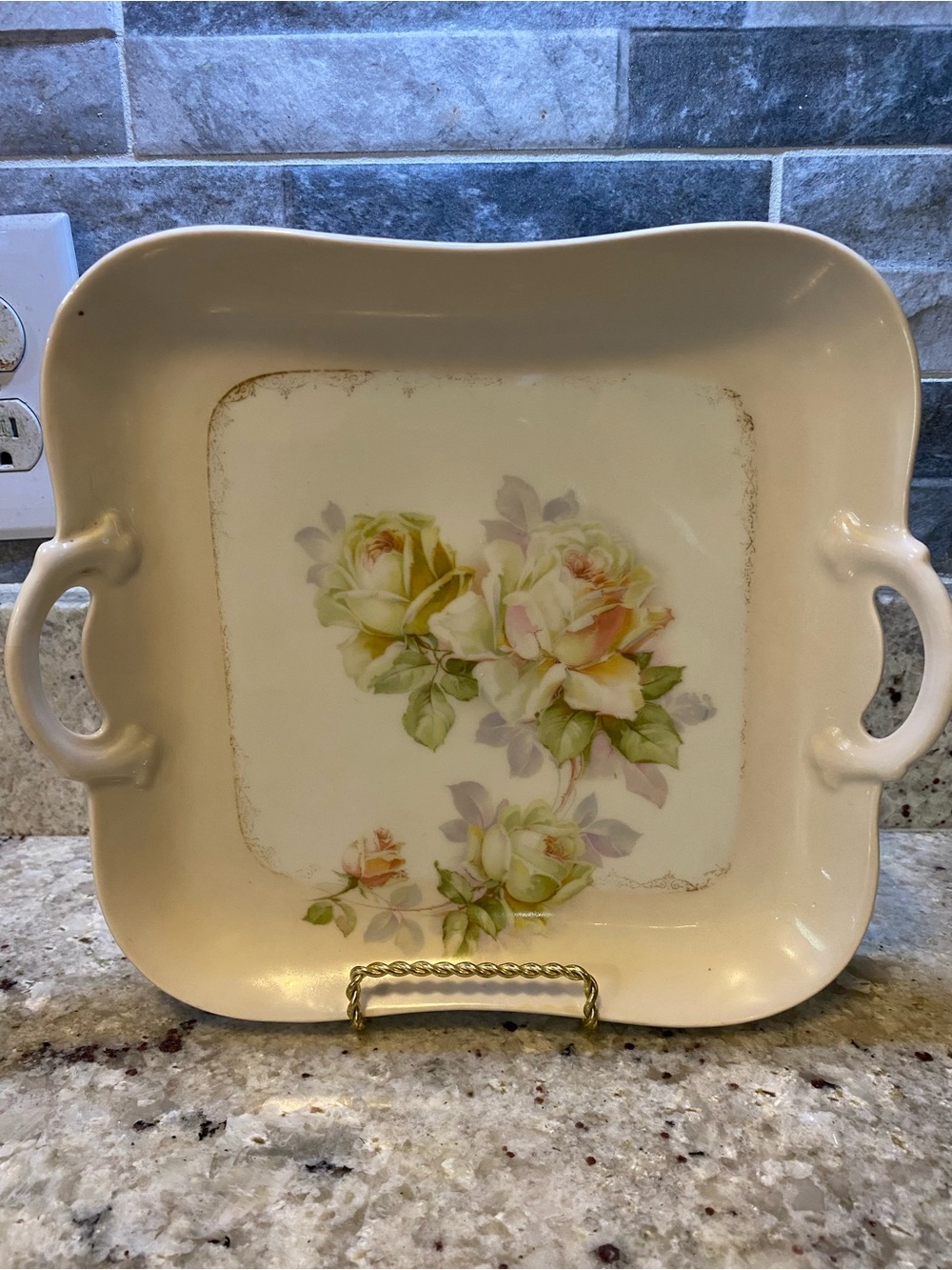 Vintage Floral Ceramic Serving Tray in Cream with Pastel Roses